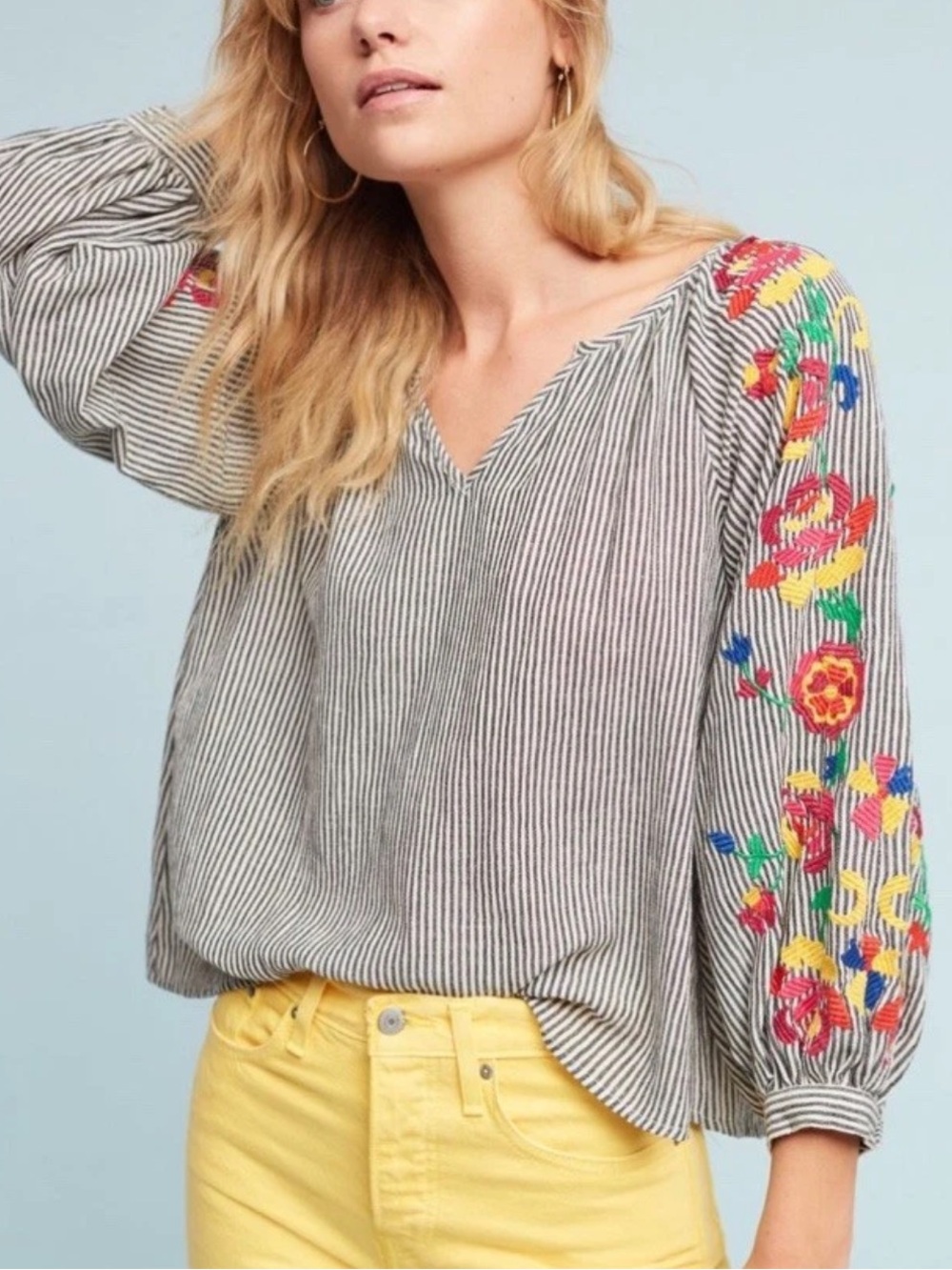 Anthropologie Floreat Gray Striped V-Neck Blouse with Embroidered Floral Sleeves